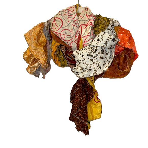 Summer ethnic Indian Sari ruffle multi silk print scarf - Picture 3 of 5